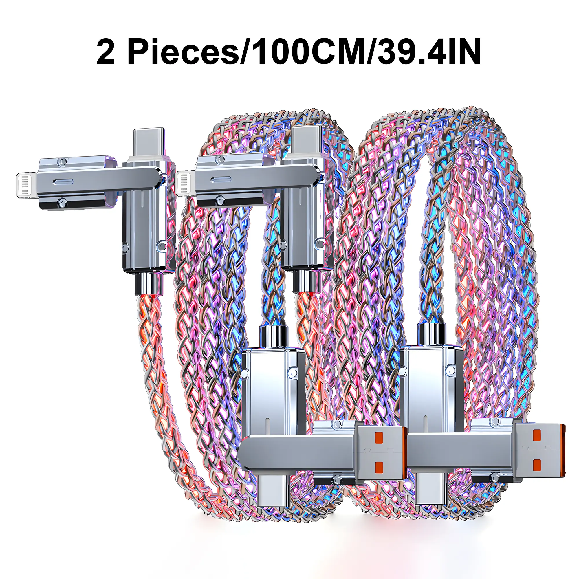 100W 4-in-1 USB-C Cable, PD 5A Fast Charging, Data Sync, USB-A, Type-C, Lightning, Charging Luminescence, Compatible with iPhone 16/15, iPad, Samsung, Laptops