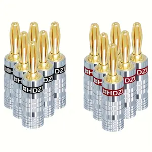 Silver six-leaf banana plug, brass plated 24K gold, speaker plug with double screw connector for speaker cable, home theater, audio/video receivers, and sound systems