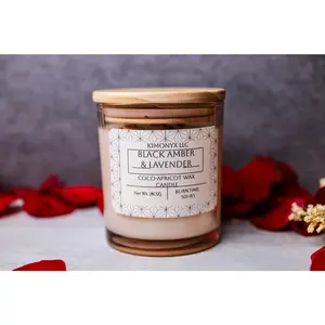 Black Amber & Lavender – 8 oz Coconut Apricot Wax Candle (Topped with Dried Flowers) + Free Car Air Freshener