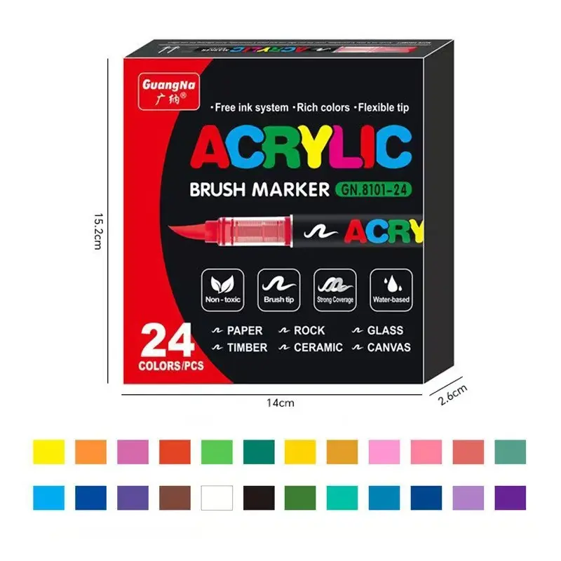 Guangna 8101 Acrylic Brush Markers 24 Colors, Art Marker Set, Large Capacity Soft Tip Liquid Type, Visible Ink No Press Needed, Student DIY Graffiti, Drawing Supplies