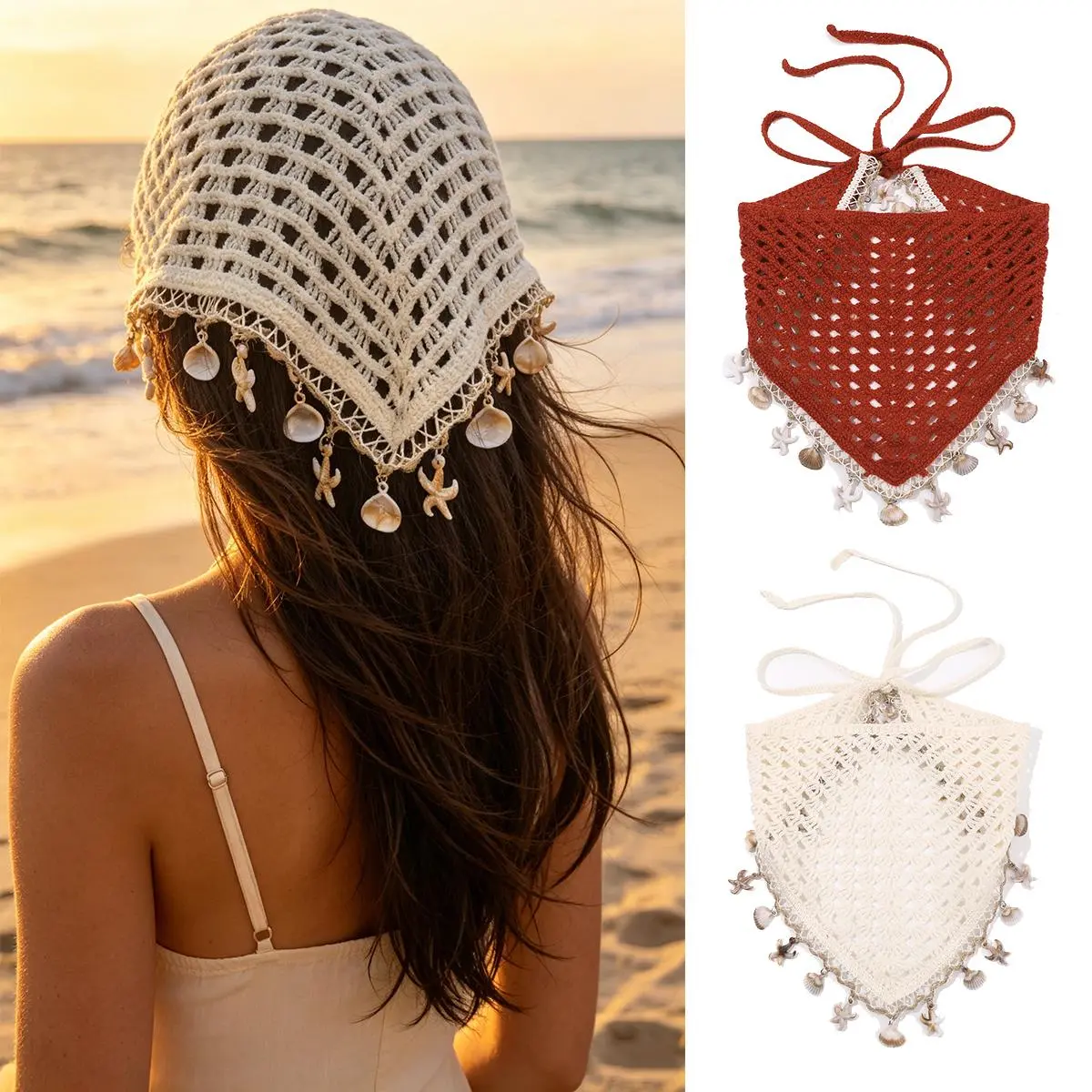 AWAYTR Women's 2-Pack Adjustable Vintage Crochet Triangle Scarf Head Wrap - Lightweight Breathable Beach Bandana Style Scarves with Seashell Starfish Pendants, Coffee-Themed Summer Daily Accessory for Family Engagement, Hand Wash, Crochet Inspo, Seashells