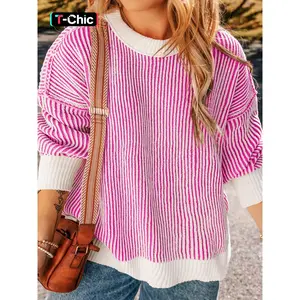 Striped Texture Knit Sweater with Color Block Edges, Loose-Fitting Casual Pullover for Women, Fall & Winter Fashion