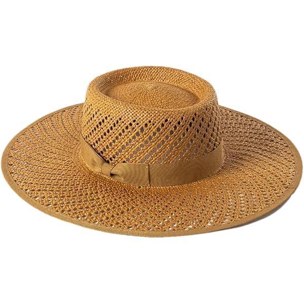 Wide Stiff Brim Straw Hat - Adjustable Straps, Sun Protection, Breathable Natural Grass, Unisex, 56-58cm Size