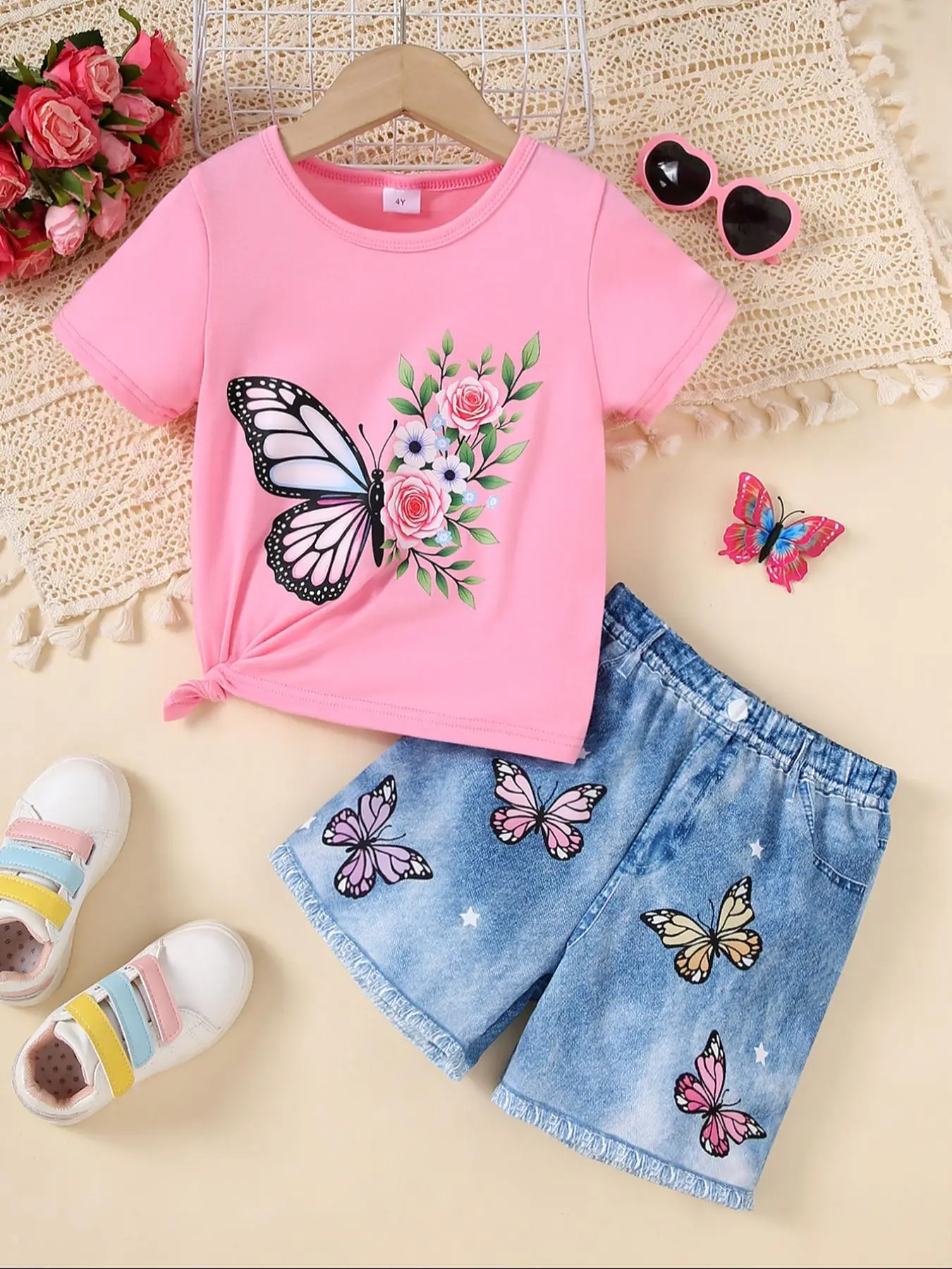 Two-piece Set Girl's Butterfly Print Short Sleeve Tee & Denim-effect Print Shorts Set, Casual Round Neck T-shirt & Shorts for Daily Wear, Kids Summer