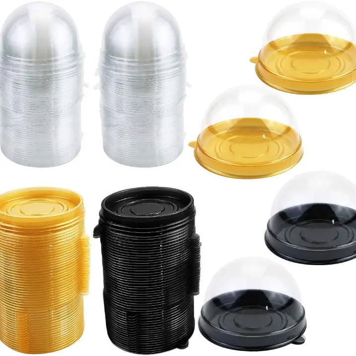 100 Pack Disposable Mini Cake Box Containers Set,Clear Dome Lids with Gold,Black,Pink Bases,Plastic Mooncake Cupcake Muffin Holders for Home Bakery,Party Favors,Halloween Christmas Fathersdaygift,Hand Tools Kits