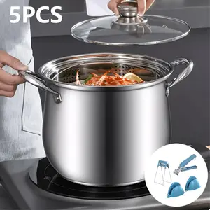 5pcs Stainless Steel Soup Pot with Glass Lid, Includes Bowl Lifter, Tray Clip, Handle Holder, Even Heating, Essential Kitchenware