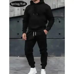 Men's spring and autumn thin personalized hoodie and sweatpants set, stylish casual men's clothing with pockets, street sports elastic waist drawstring trousers two-piece set, suitable as a gift for husband or boyfriend（gift）Gift