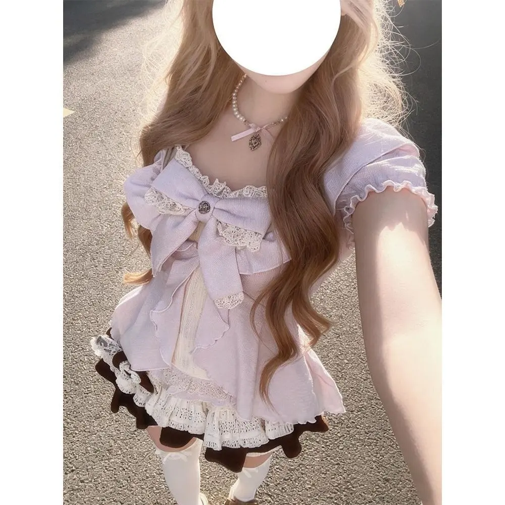 Pastel Purple Lace Ruffle Big Bow Peplum Blouse Matching Brown Ruffle Hem Mini Skirt Sweet Kawaii Lolita Layered Lace Outfit Soft Girl Y2K Daily Casual Set