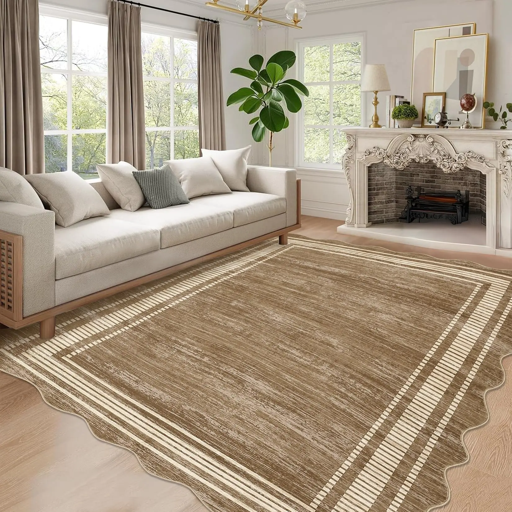 GARVEE Washable Scalloped Rug 10x13 Area Rugs, Modern Neutral Living Room Rugs,Large Washable Solid Farmhouse Carpet Abstract Bordered Carpet for Bedroom Apartment Table Dorm Nursery,Brown