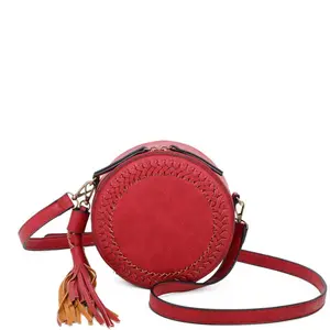 Ampere Creations Suzie Classic Vegan Leather Woven Rounded Crossbody Bag with Detachable Tassel & Zipper Pocket