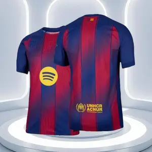 25 26 Home Red And Blue Short Sleeve Soccer Jersey Fans Version
