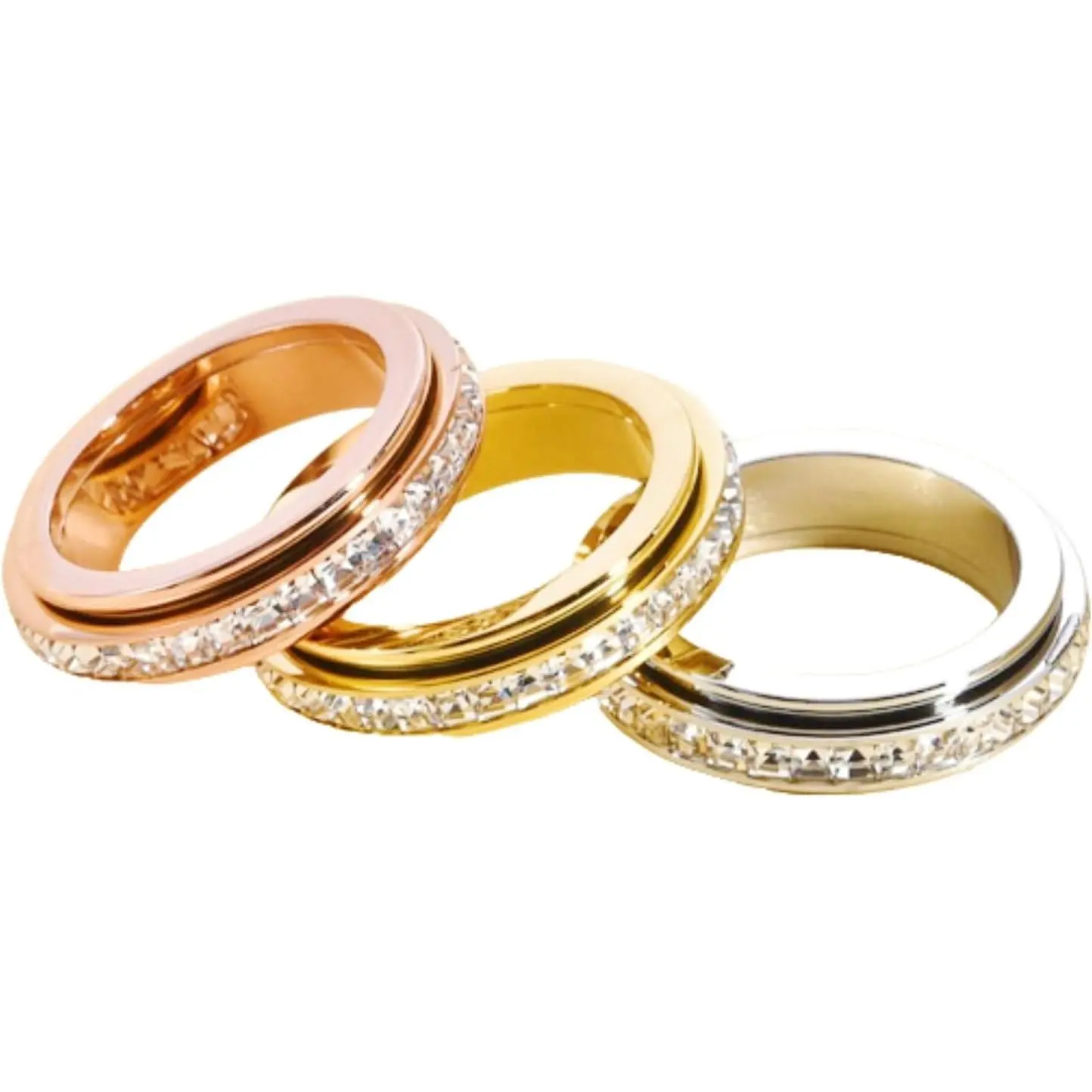 2/3 Set Exquisite 4mm Square Cubic Zirconia Titanium Steel Spindle Fingertip Spiral Rotatable - Ring for Men and Women Wedding Commitment Eternal Ring