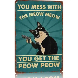 Funny "Meow Meow Peow Peow" Cat Vintage Metal Sign - 8x12 Inch Farmhouse Wall Decor, Perfect Gift for Cat Lovers
