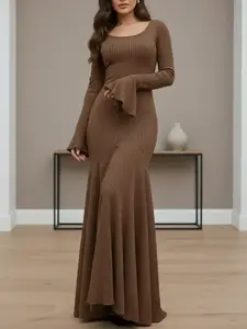 Women's Plain Lace Up Flounce Sleeve Dress, Modesty Casual Round Neck Long Sleeve Maxi Dress for Spring & Fall, Women's Clothing for Daily Wear, Long Sleeve Dresses Ready To Wear, Maxi Slip Dress, Modest Solid Color Dress, Classy Modest Dresses