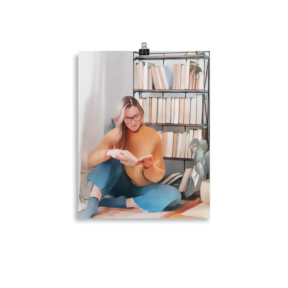 Woman Reading Print at Bookshelf - Wall Art, Book Lover Gifts, Bedroom Art, Minimalist Decor, Dopamine Decor, Reading Nook