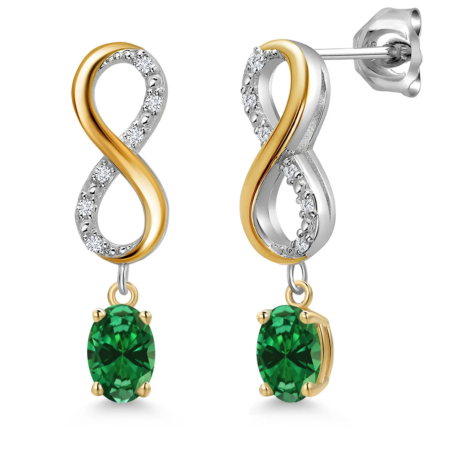 925 Silver and 10K Yellow Gold Green Created Emerald and Lab Grown Diamond Dangle Earrings for Women | 0.76 Cttw | Gemstone May Birthstone | Oval 6X4MM