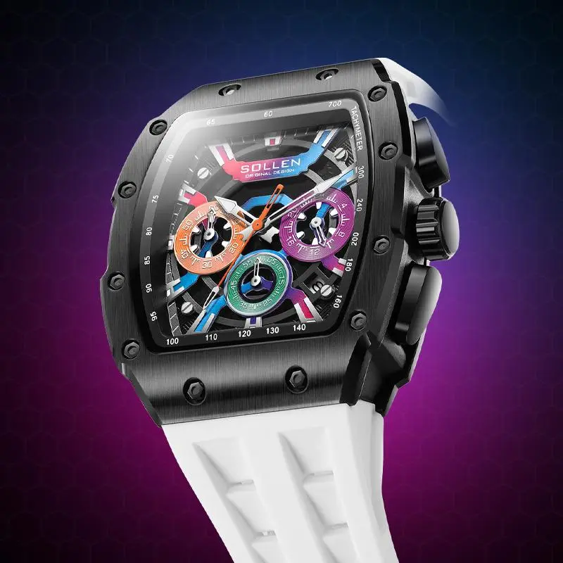 SOLLEN 728 Men's Rainbow Luxury Cool Watch Multi-functional Chronograph Waterproof Night Light Function Valentine's Day Gift