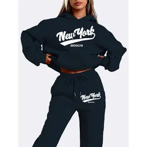 1 set Women's Casual Polyester Sweat Suit, New York Letter Print Hoodie and Joggers Set with Pockets, Geometric Pattern, Knit Fabric, for Autumn/Winter,Gift
