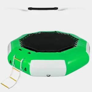 10FT Round Inflatable Water Trampoline - Water Bouncer with Ladder - Green and White Water Sports Fun   D