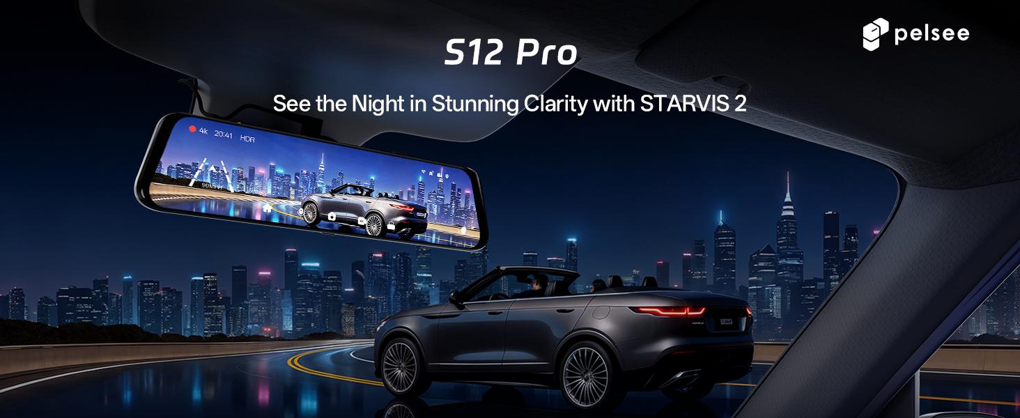 Pelsee S12 Pro Mirror Dash Cam with STARVIS 2 Sensor, Rear View Mirror Camera 5.8GHz WiFi, 4K Front and 1080P Rear Backup Camera for Car, ADAS &BSD, Voice Control, Color Night Vision, 64G Meomory Card