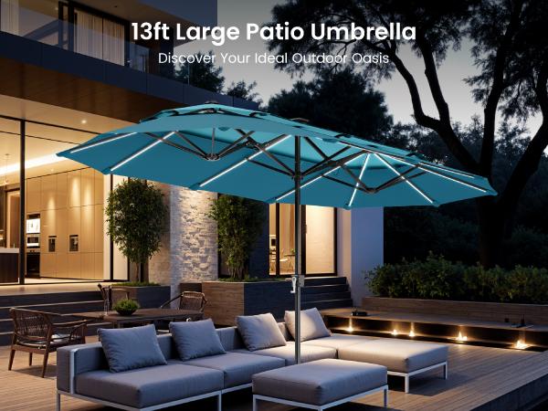 [RGB LED] PHI VILLA 13ft/15ft Double-Sided Patio Umbrella with RGB Solar LED Lights, Double Vent Top & Base – Extra Large Backyard & Pool Umbrella