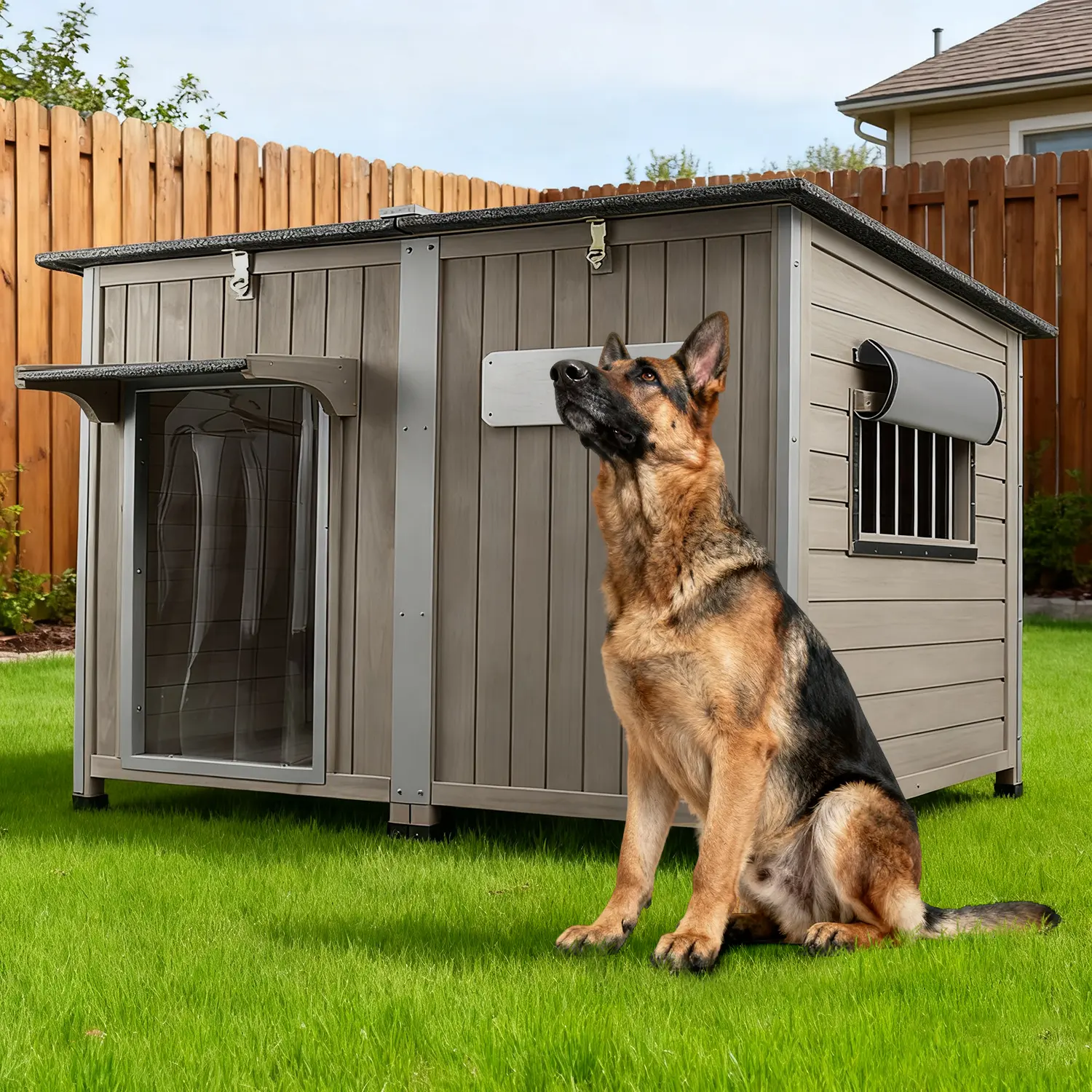 Petscosset Oversized Cozy Wooden Dog House, Wind Rain Snow Sun Resistant Outdoor Design, Full Anti-Chew Metal Reinforcement, Dual Hinged Lockable Roof, Removable Washable Base, Personalized DIY Nameplate, Indoor Outdoor Medium to Extra Large Dog Kennel