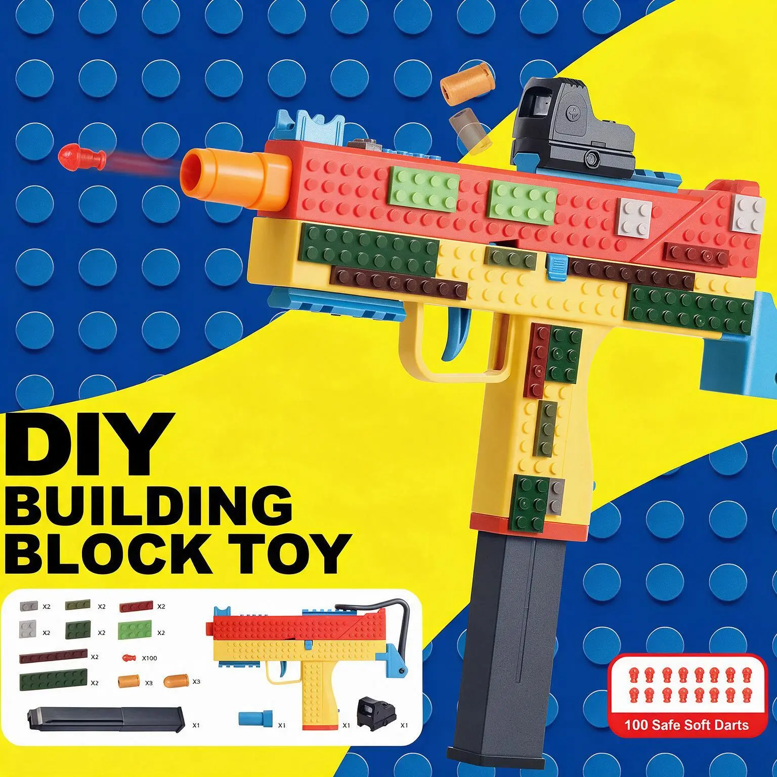 Colorful Building Block Foam Dart Toy, DIY Construction Set with Soft Foam Darts, Building Blocks & Accessories Handheld