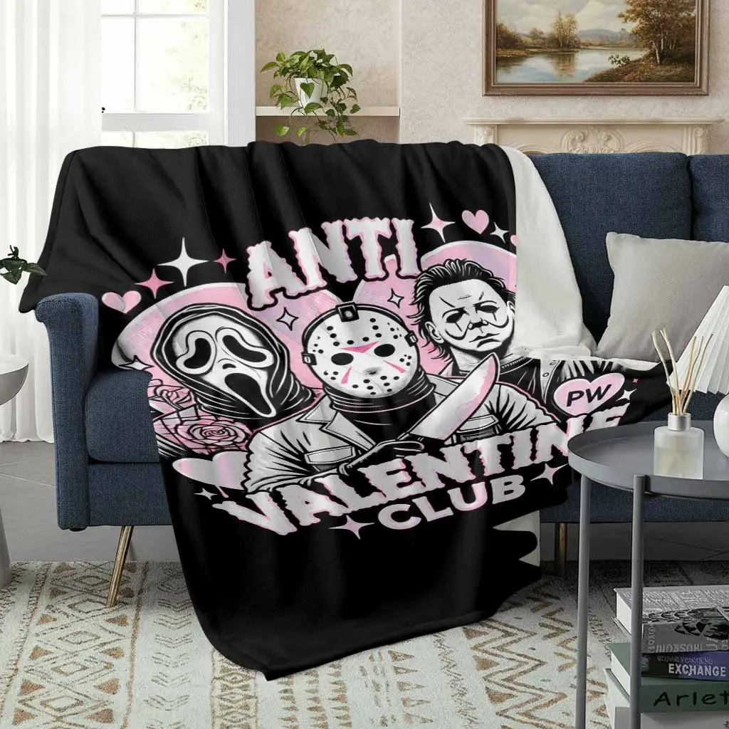 Horror Icons Flannel Blanket, Pink Heart Anti-Valentine Club Aesthetic Print, Soft Breathable Plush Texture Multi-Size Throw, Warm Bedding for Bed/Couch, Ideal Birthday Gift