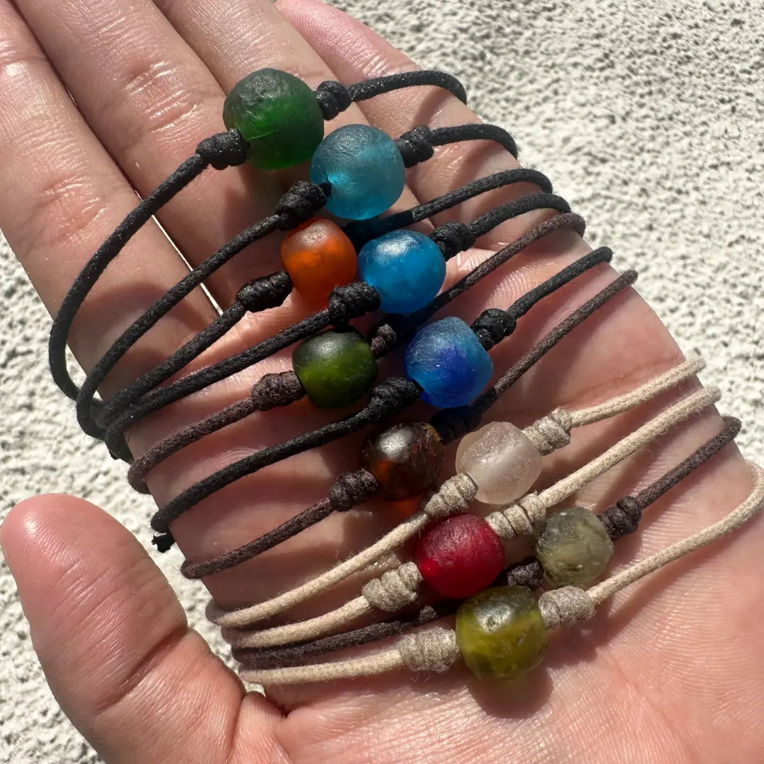 Men Sea Glass Bracelet - Surfer Accessories, African Recycle Glasses - Eco-Friendly Beads, Women Beaded Gifts, Men Charms, Hawaiian Handmade Stones, Beach Ocean Charm, Waterproof Gift