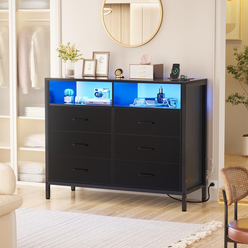 Homieasy Black Dresser for Bedroom, 6 Drawer Dresser with LED Lights and Outlet, Dresser TV Stand for Living Room, Hallway, Entryway dresser for baby wood dresser