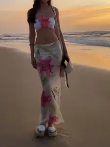 New Beach Pool Party Vacation Fashion Sexy Floral Print Mesh Dress Bikini Three-Piece Set, Women's Separated Swimsuit