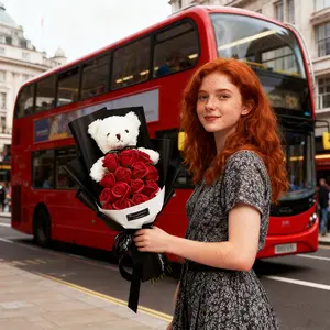 Boutique Rose Gift Box, 1 Set Artificial Rose Soap Flower Bear Cartoon Doll Bouquet Gift Box, Romantic Eternal Rose Bouquet, Deluxe Gift Box Set, Simulated Rose Desktop Bedroom, Decorative Gift for Birthday, christmas Gifts, Christmas Bouquets