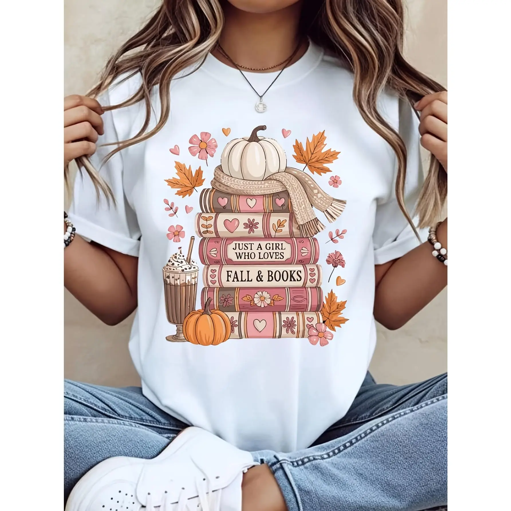Casual Autumn Style, Women's T-Shirt, Just A Girl Who Loves Fall And Books With Pumpkin Stack Design, Fall Season Reading Lover Gift