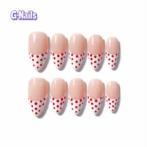 G-Nails A91 10pcs Handmade Press On Nails Reusable Medium Almond Nails with White French Tips & Red Polka Dot Premium Craftsmanship Valentine's Day Nails