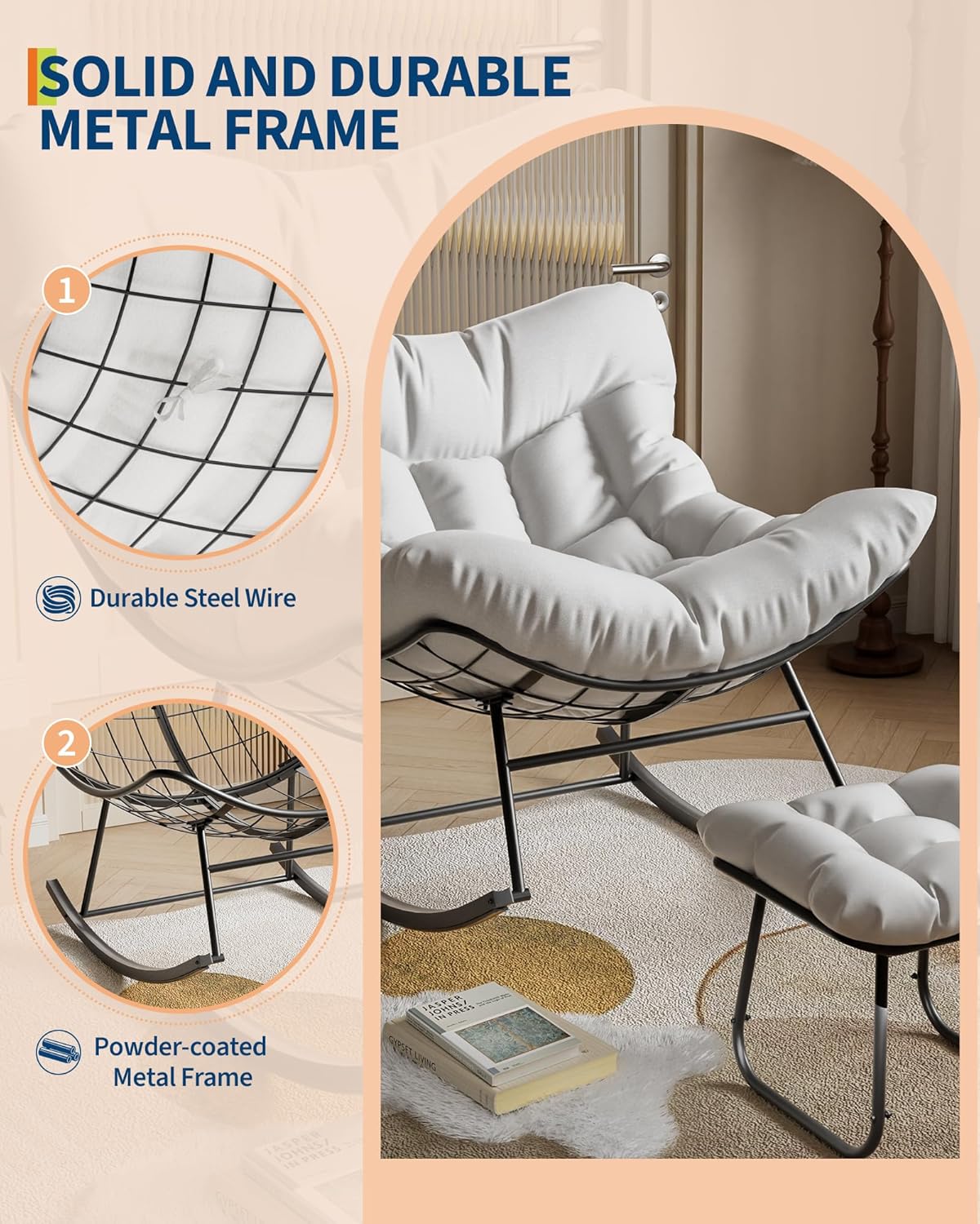 Outdoor Oversized Papasan Rocking Chair with Footrest, Patio Lounge Chair with Ottoman and Sturdy Metal Frame, Patio Rattan Egg Rocker for Balcony Backyard Porch Bedroom