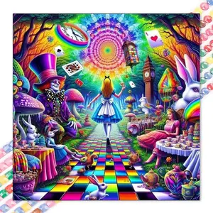 A DIY diamond painting kit, 5D diamond art set, DIY decoration, Alice, rabbit, tea party diamond painting kit with full round diamonds, mosaic, diamond art, DIY home decor, suitable for Christmas.