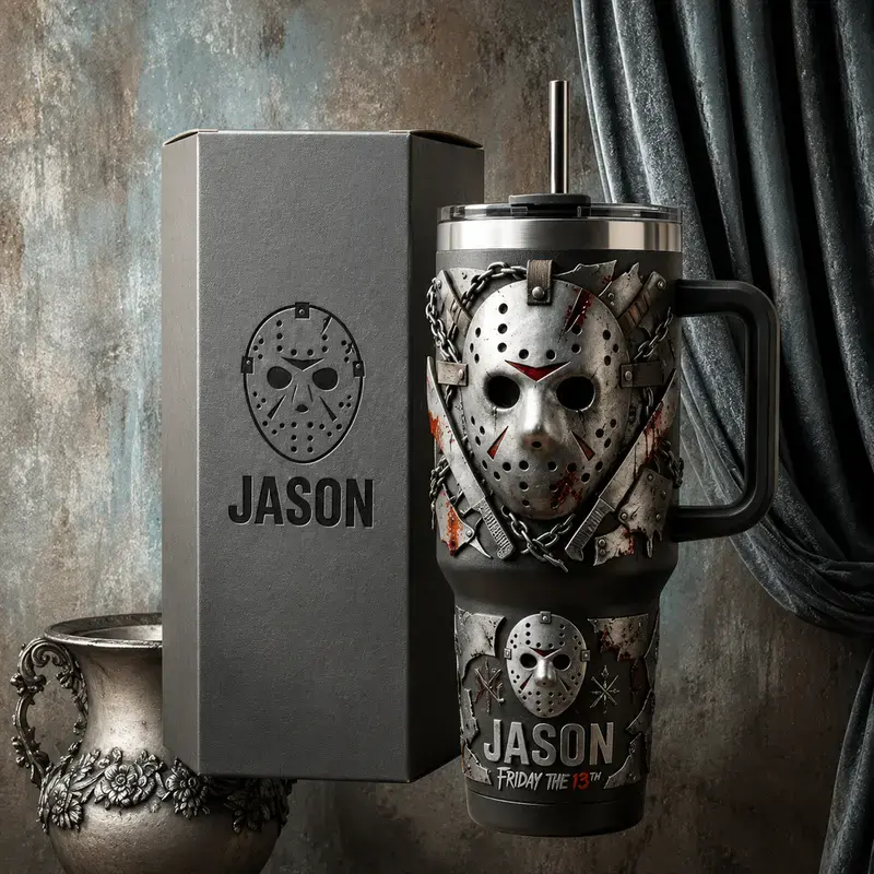 Jason Voorhees “Friday the 13th” 40oz 20oz Tumbler, High-Quality Insulated Tumbler, Iconic Slasher Horror Theme Cup With Handle, Classic Horror Movie Inspired Merch, Leakproof Travel Tumbler, Gift For Friends