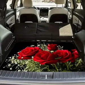 Dewdrop red rose pattern design, multifunctional car trunk mat, polyester fiber material, trunk decoration mat, car carpet, durable, easy to clean, protects the car from wear and tear, compatible with most car models