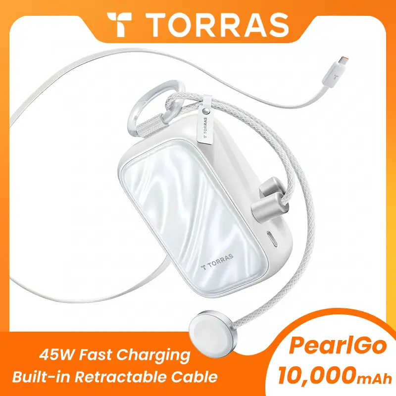TORRAS PearlGo 45W Fast Charging Power Bank 10000mAh with Retractable USB-C Cable & Apple Watch Charger, Portable Travel Charger for iPhone, Samsung and More White