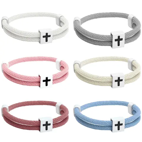 6Pcs Adjustable Rope Cross Bracelets Christian Gift for Women Men Teens Back to School Religious Gifts Braided Cross Wristbands Set Colorful Gift for VBS Summer Church Camp Back to school Sunday School Rewards Party Favor