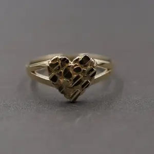 10K Solid Yellow Gold Diamond Cut Heart Nugget Ring with Intricate Design and Elegant Finish