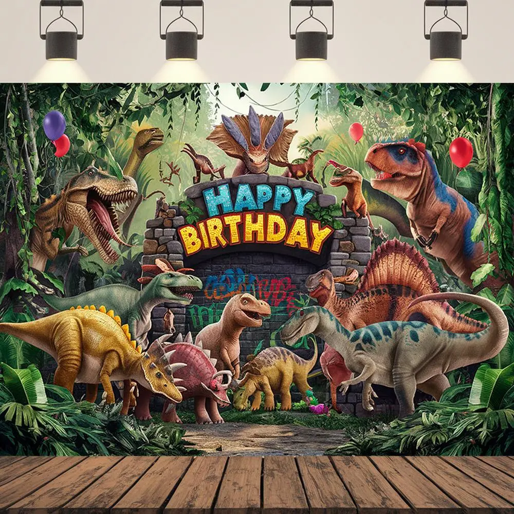 1pc Vibrant Polyester 2D Flat Dinosaur Birthday Backdrop Banner - Jungle Theme with Balloons, Birthday Decoration for Home Party Photo Props
