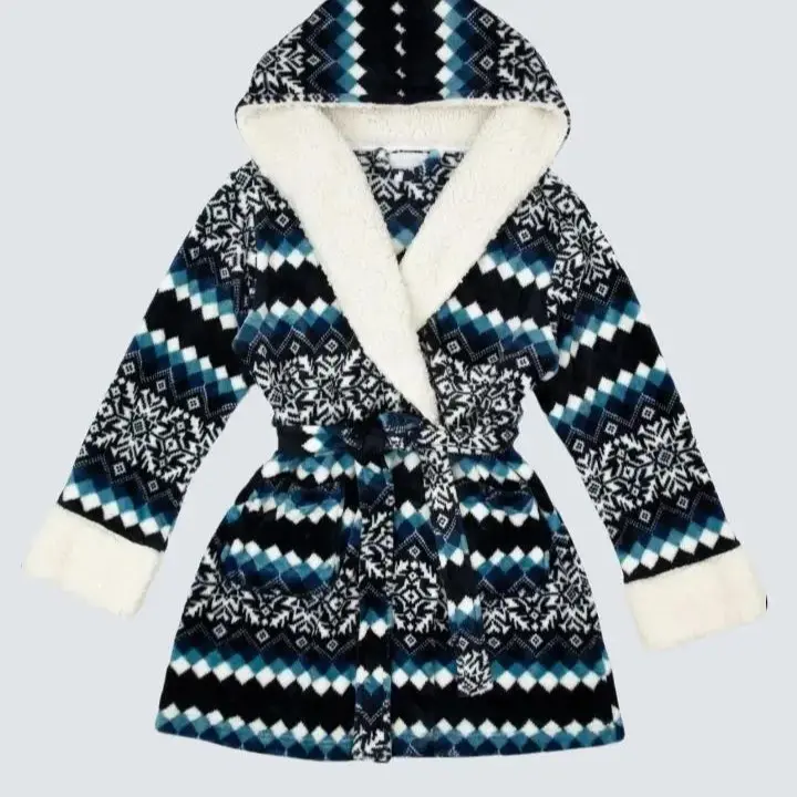 Nordic Snowflake Women's Fluffy Plush Robe with Hood - Womenswear, Gowns Womenswear Loungewear Comfort Winter
