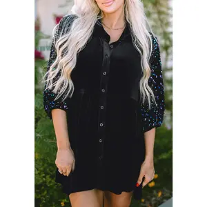Sequin Collared Neck Three-Quarter Sleeve Oversize Shirt