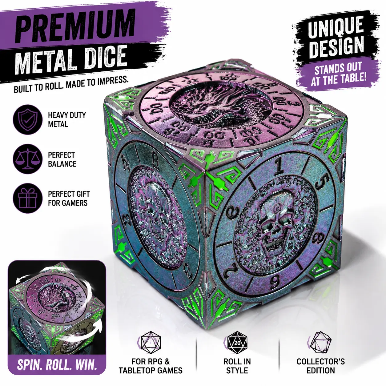 7-in-1 Metal Dice Spinner Cube - Solid Zinc Alloy 6-Sided Rotating Roulette, Fidget Gadget for RPG TTRPG Tabletop Games, Game Master Collector Desk Gift Set