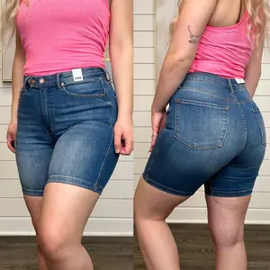 Judy Blue Sara Tummy Control High-Rise Adjustable Double Button Medium Wash Bermuda Shorts