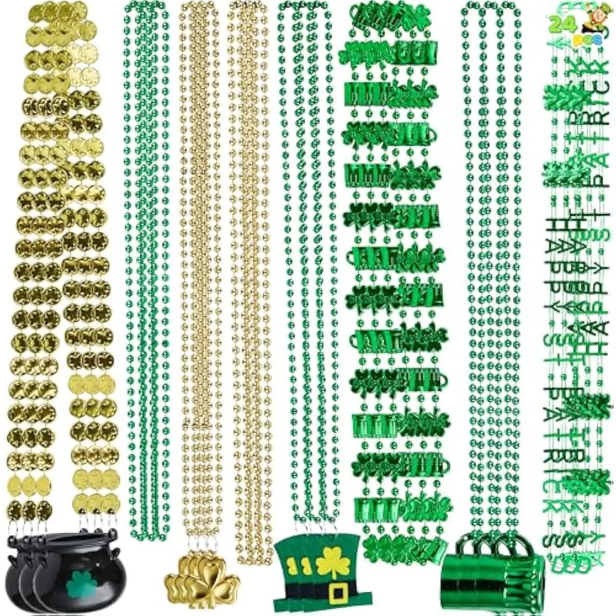 24 Pcs St. Patrick's Day Necklaces Set with Shamrock Beer Mug Hat Pot Gold coin Elements, Green Plastic Bead Necklace Jewelry for St. Patricks Dress Up Accessories Costume Party Decorations