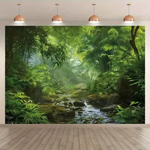 1PC Polyester Tapestry - 2D Flat Rainforest Stream Rock Green Plant Design, Birthday Home Wall Hanging, Reusable Bedroom Decor, Photography Backdrop