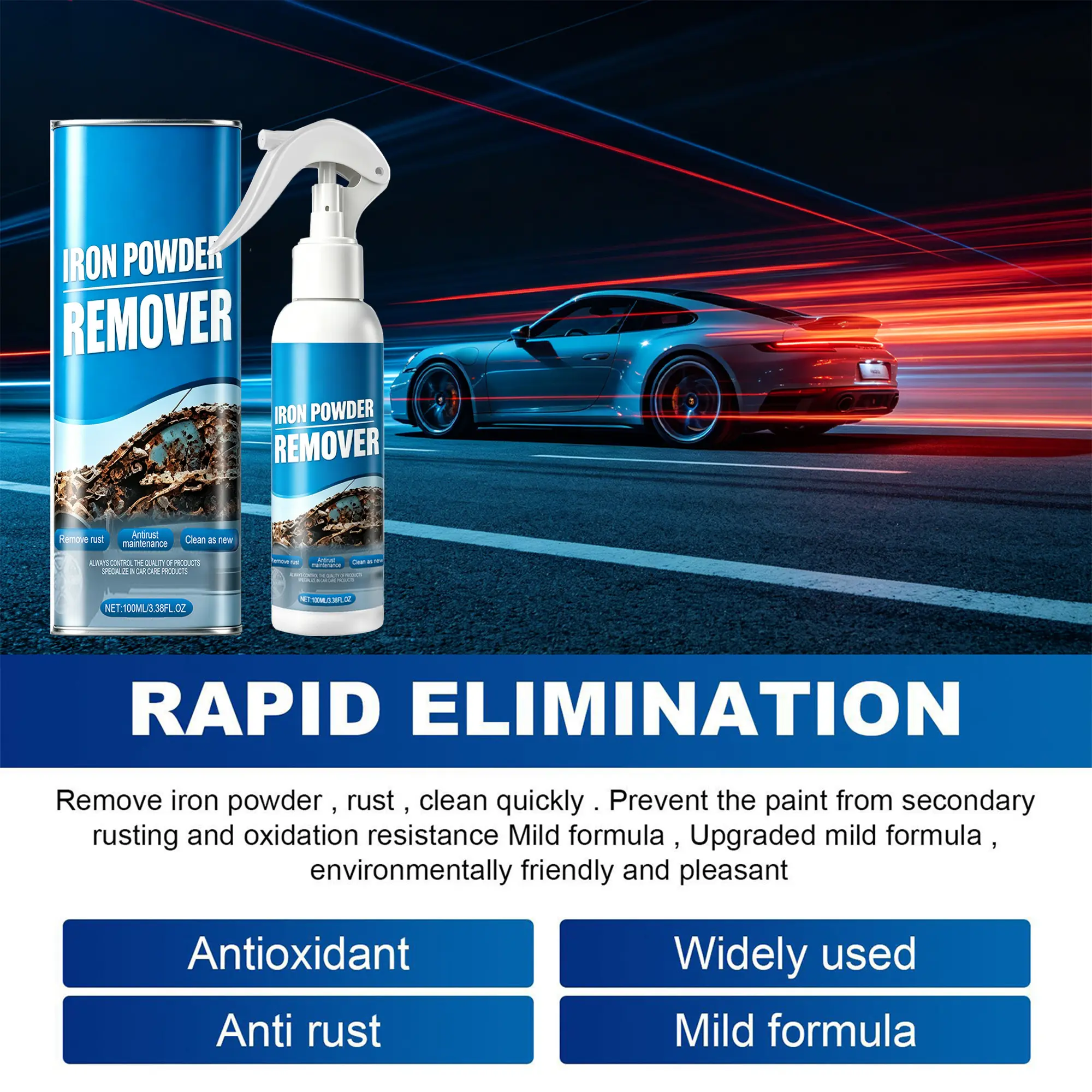Automotive Rust Remover Spray (100ML) - Fast-Acting Iron & Rust Cleaner for Wheels, Rims, Metal Surfaces - Car Detailing Products, Detailing Products Chemicals - Safe on Most Automotive Finishes, Cars, Motorcycles