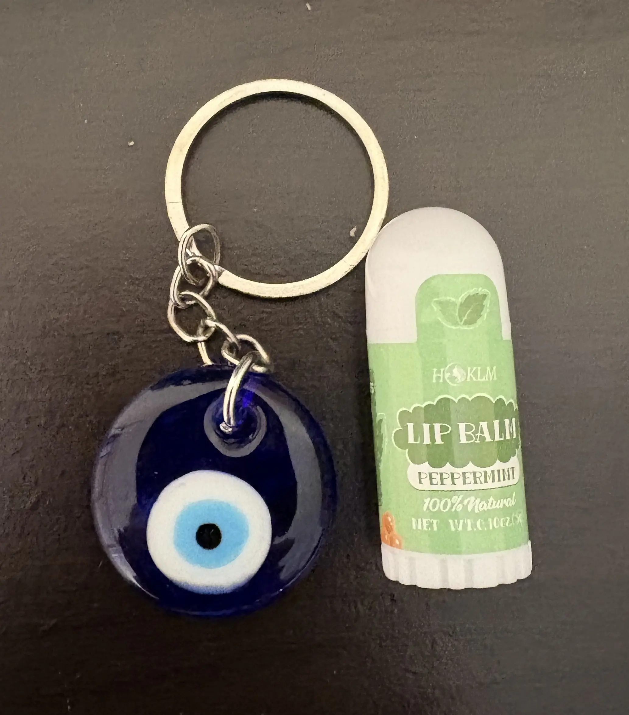 Evil Eye Keychain + Mini Lip Balm Set | Glass Good Luck Charm Keychain with Surprise Flavor Lip Balm